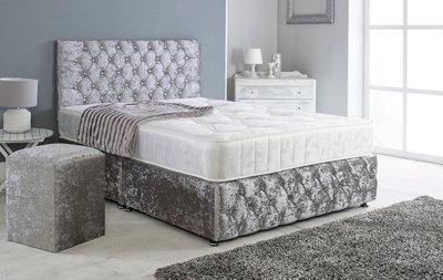 Adore Designs Chesterfield Crushed Velvet Divan Bed, Ortho Mattress, Footboard & Square Stool - 4Ft Small Double - Grey - 2 Drawers Right Side - image 1