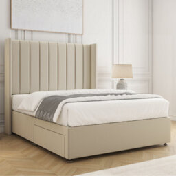 Bsspoke Hannah Divan Bed Set Cream Plush Velvet 54Inch Wingedback Panel Headboard & Mattress No Drawers In 3Ft 4Ft 4Ft6 5Ft 6Ft - thumbnail 2