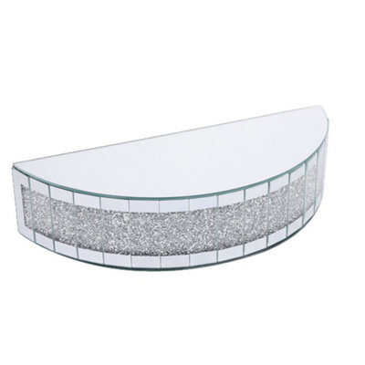 Deenz Half Moon Mirrored Wall Shelf With Crystal Band 38 X 8.5 Cm Glass Display Shelf With Crushed Diamond Design - image 1