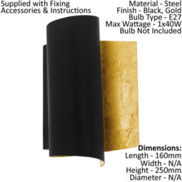 Elegant 2 Pack Modern Wall Lights In Black And Gold With Curved Shades E27 1X40W - thumbnail 2
