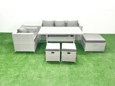 Fimous Rattan Garden Furniture Dining Set 7 Seater Lounge Sofa Chair Dining Table Set 3 Stools Side Table Light Grey - image 1