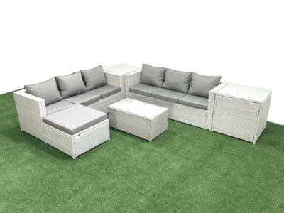 Fimous Garden Outdoor Pe Rattan Furniture Set 7 Seater Rattan Garden Sofa Set Big Stool 2 Side Tables Light Grey - image 1