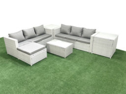 Fimous Garden Outdoor Pe Rattan Furniture Set 7 Seater Rattan Garden Sofa Set Big Stool 2 Side Tables Light Grey - thumbnail 2