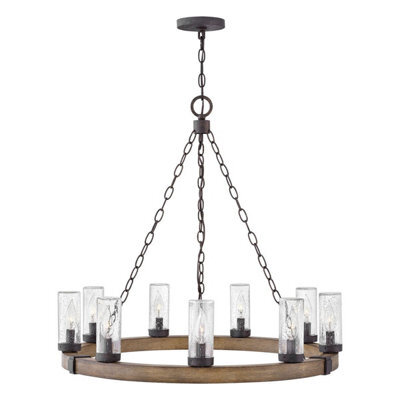Luminosa Lighting Elstead Sawyer 9 Light Multi Arm Pendant Ceiling Light Sequoia Wood Effect Clear Seeded Glass Ip44 - image 1