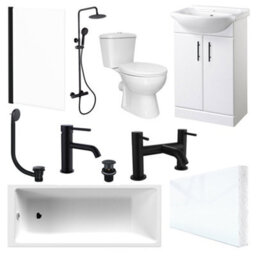 Bubly Bathrooms Complete Bathroom Suite: 1700mm Bath, 550mm Vanity, Wc & Matt Black Shower & Taps - thumbnail 1