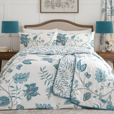Dreams & Drapes Samira Richly Illustrated Floral Print Teal Duvet Cover Set - image 1