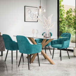 More4Homes Etta Glass Dining Table And Chairs - Glass Top W Solid Oak Legs + Anika Velvet Dining Chair Set Of 6 (Blue) - thumbnail 1