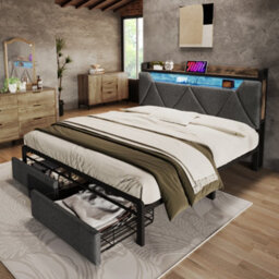 Btm Double Bed 4Ft6 135X190Cm Upholstered Linen Frame With Led Lights Usb Charging Storage Headboard Drawers Grey No Mattress - thumbnail 5