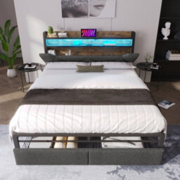 Btm Double Bed 4Ft6 135X190Cm Upholstered Linen Frame With Led Lights Usb Charging Storage Headboard Drawers Grey No Mattress - thumbnail 3