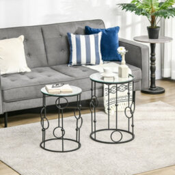 Homcom Set Of 2 Nesting Coffee Table, Side Tables With Glass Top, Black