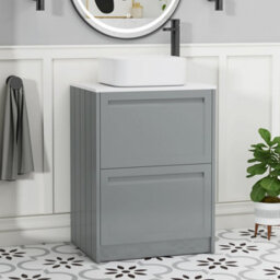 Royal Bathrooms Royal Bathroom Elmore 600mm Matt Pebble Grey Freestanding Bathroom Vanity Unit 2 Drawer Plain White Worktop With Elena Basin - thumbnail 1