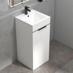 Royal Bathrooms Royal Bathroom Turin 400mm Floor Standing Cloakroom Vanity Unit Ceramic Basin 1 Door Cabinet Gloss White With Matt Black Handle - thumbnail 6