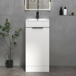 Royal Bathrooms Royal Bathroom Turin 400mm Floor Standing Cloakroom Vanity Unit Ceramic Basin 1 Door Cabinet Gloss White With Matt Black Handle - thumbnail 1