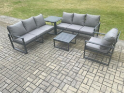 Fimous Aluminium 7 Seater Outdoor Garden Furniture Lounge Sofa Set With Square Coffee Table Chair Side Table Dark Grey - thumbnail 2