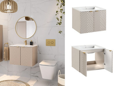 Impact Furniture Vanity Sink Unit With Basin 600mm Bathroom Wall Hung Cabinet Fluted Beige Cashmere Modern Cara - image 1