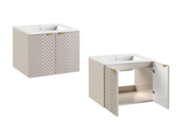 Impact Furniture Vanity Sink Unit With Basin 600mm Bathroom Wall Hung Cabinet Fluted Beige Cashmere Modern Cara - thumbnail 3