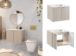 Impact Furniture Vanity Sink Unit With Basin 600mm Bathroom Wall Hung Cabinet Fluted Beige Cashmere Modern Cara