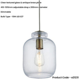 Loops Hanging Ceiling Pendant Light - Clear Textured Glass & Antique Brass Plate - 10W Led E27 - thumbnail 2