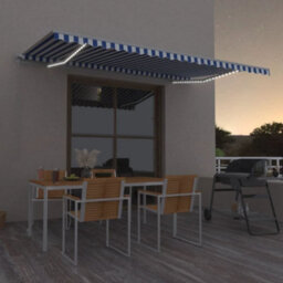 Berkfield Manual Retractable Awning With Led 500X350 Cm Blue And White
