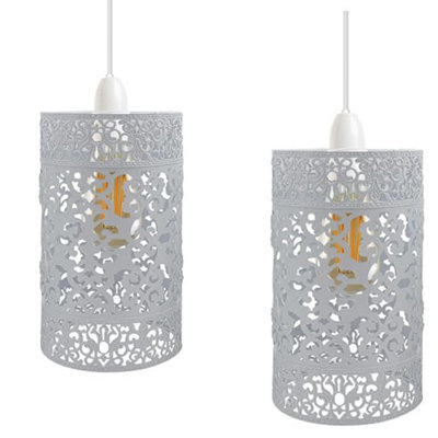 2 Pack White Metal Bulb Guard Drum Shaped Lamp Shades For Ceiling Pendant Lights Indoor Easy Fit Wire Cages (White-2 Pack) - image 1