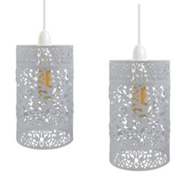2 Pack White Metal Bulb Guard Drum Shaped Lamp Shades For Ceiling Pendant Lights Indoor Easy Fit Wire Cages (White-2 Pack) - thumbnail 1