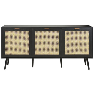 Wyld And Coco Bohonest 3-Door Sideboard Black With Rattan Front And Rubberwood Legs, W150 X D40 X H71 Cm - image 1