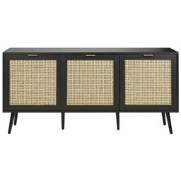 Wyld And Coco Bohonest 3-Door Sideboard Black With Rattan Front And Rubberwood Legs, W150 X D40 X H71 Cm - thumbnail 1