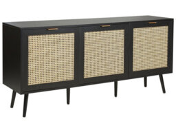 Wyld And Coco Bohonest 3-Door Sideboard Black With Rattan Front And Rubberwood Legs, W150 X D40 X H71 Cm - thumbnail 3
