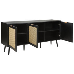 Wyld And Coco Bohonest 3-Door Sideboard Black With Rattan Front And Rubberwood Legs, W150 X D40 X H71 Cm - thumbnail 5