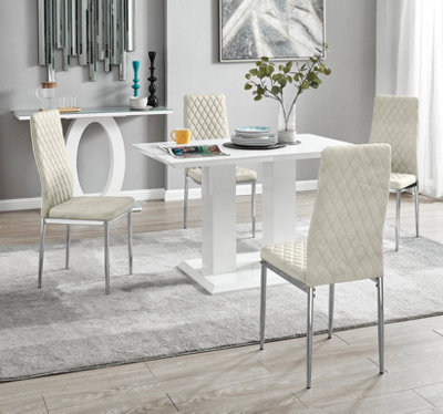 Furniturebox Uk 4 Seater Dining Set - Imperia White High Gloss Dining Table And Chairs - 4 Cream Velvet Milan Chrome Leg Chairs - image 1