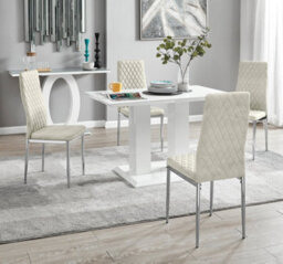 Furniturebox Uk 4 Seater Dining Set - Imperia White High Gloss Dining Table And Chairs - 4 Cream Velvet Milan Chrome Leg Chairs - thumbnail 1