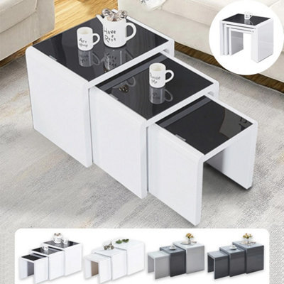 High Gloss Nest Of 3 Tables Tempered Glass Top White Grey Side End Coffee Home - 3Pcs: Black Desktop + White Legs - image 1