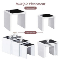 High Gloss Nest Of 3 Tables Tempered Glass Top White Grey Side End Coffee Home - 3Pcs: Black Desktop + White Legs - thumbnail 5