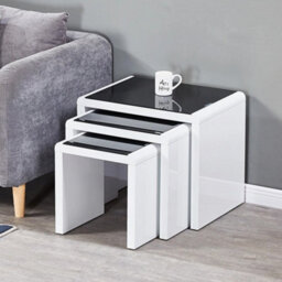 High Gloss Nest Of 3 Tables Tempered Glass Top White Grey Side End Coffee Home - 3Pcs: Black Desktop + White Legs - thumbnail 7