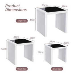High Gloss Nest Of 3 Tables Tempered Glass Top White Grey Side End Coffee Home - 3Pcs: Black Desktop + White Legs - thumbnail 2