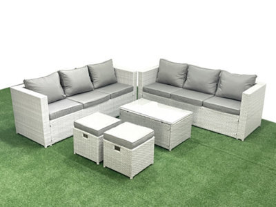 Fimous Garden Outdoor Pe Rattan Furniture Set 8 Seater Rattan Garden Sofa Set 2 Small Stool Light Grey - image 1