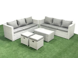 Fimous Garden Outdoor Pe Rattan Furniture Set 8 Seater Rattan Garden Sofa Set 2 Small Stool Light Grey - thumbnail 1