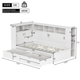 Platform Bed With Trundle & Bookcase & Usb,single Bed 3Ft(90X190Cm), With 2 Storage Drawers, Large Storage Space,white - thumbnail 2