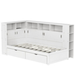 Platform Bed With Trundle & Bookcase & Usb,single Bed 3Ft(90X190Cm), With 2 Storage Drawers, Large Storage Space,white - thumbnail 3