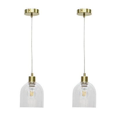 First Choice Lighting Set Of 2 Belten - Clear Glass Cloche With Satin Brass Pendant Fittings - image 1