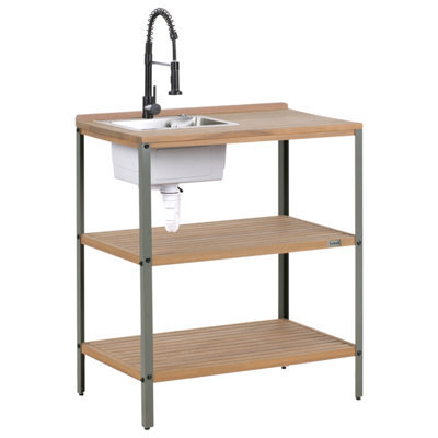 Beliani Outdoor Kitchen Island With Sink Ivrea Certified Acacia Wood Brown/ Black - image 1
