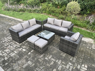 Fimous Rattan Garden Furniture Sofa Set With Armchair Square Coffee Table 2 Small Footstools Indoor Side Table Outdoor 9 Seater - image 1