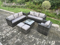 Fimous Rattan Garden Furniture Sofa Set With Armchair Square Coffee Table 2 Small Footstools Indoor Side Table Outdoor 9 Seater - thumbnail 1