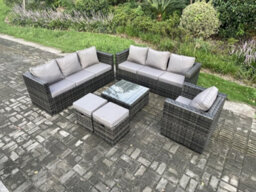Fimous Rattan Garden Furniture Sofa Set With Armchair Square Coffee Table 2 Small Footstools Indoor Side Table Outdoor 9 Seater - thumbnail 2