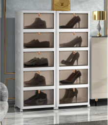 Hygrad Built to Survive Foldable Plastic Shoe Box Stackable Storage Cabinet - Wardrobe Storage Organizer Containers With Lid & Lockable Wheels (5-Tier) - thumbnail 2