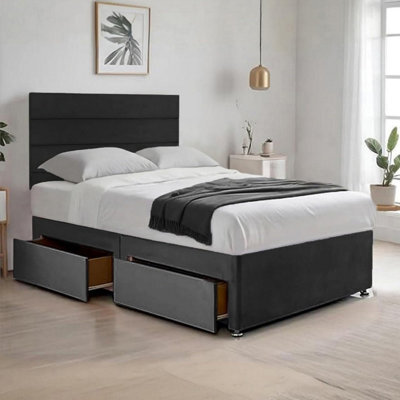 Black Plush  4Ft6 Double Bed With 20 Inch Headboard With Mattress And 2Drawers - image 1