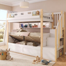 Btm Bunk Bed 90X190Cm, Solid Wood Frame With Hydraulic Lower Bed, Led Lights, Usb Charging, Storage Stairs And Pu Headboard, White - thumbnail 4