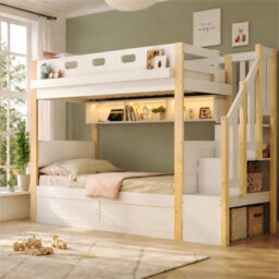 Btm Bunk Bed 90X190Cm, Solid Wood Frame With Hydraulic Lower Bed, Led Lights, Usb Charging, Storage Stairs And Pu Headboard, White - thumbnail 3