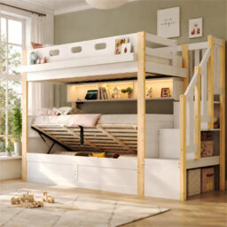 Btm Bunk Bed 90X190Cm, Solid Wood Frame With Hydraulic Lower Bed, Led Lights, Usb Charging, Storage Stairs And Pu Headboard, White - thumbnail 2