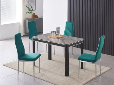 Furnizone UK Milano 4-Seater Grey Marble-Effect Glass Dining Table And 4 Monza Green Velvet Chairs - image 1